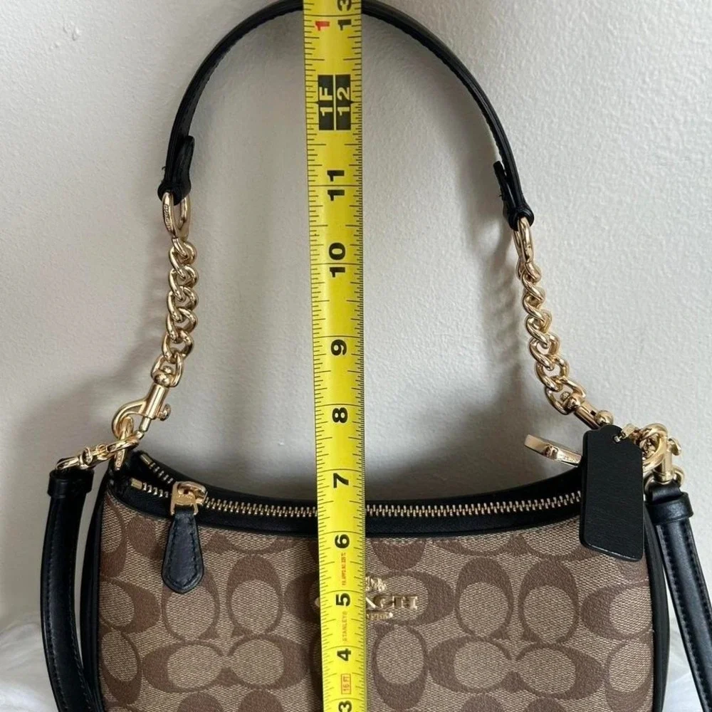 Coach Teri Hobo Khaki‎ Signature Canvas Leather Shoulder Bag Excellent